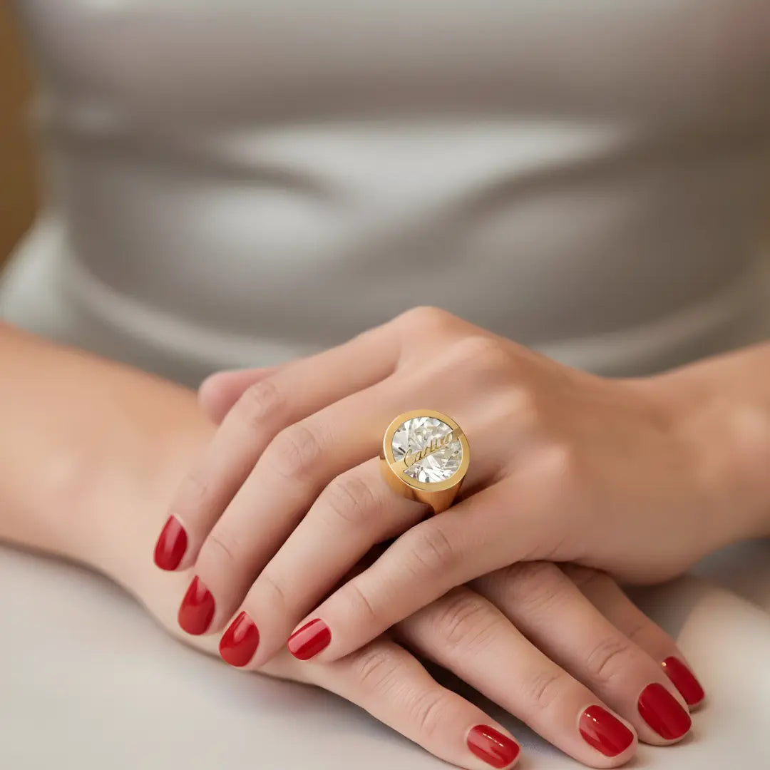 18K Gold Filled Round Crystal Statement Ring – Unisex Luxury Band for Men & Women